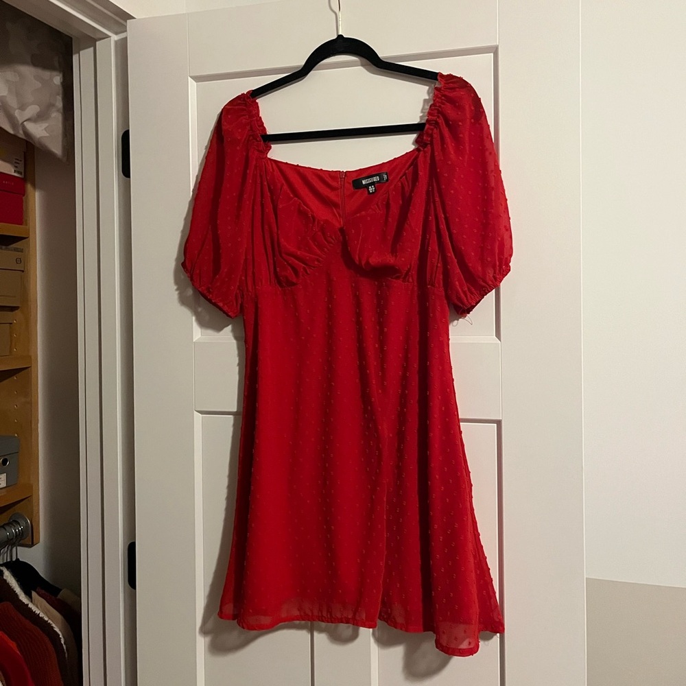Missguided Milkmaid Red Puff Sleeve Dress with Swiss dot